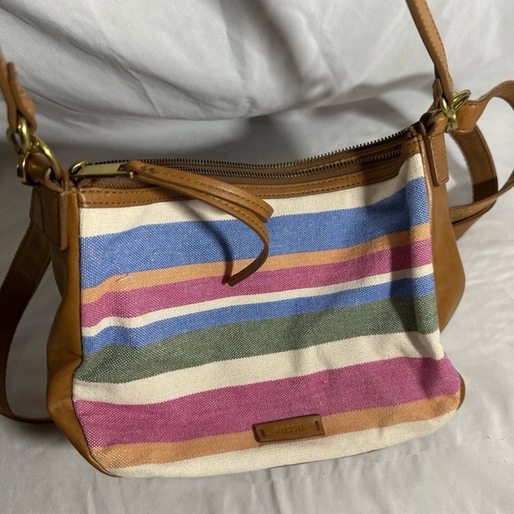 Fossil Skylar Multi Stripe Fabric Leather HandBag Shoulder Bag Purse crossbody - Picture 1 of 5